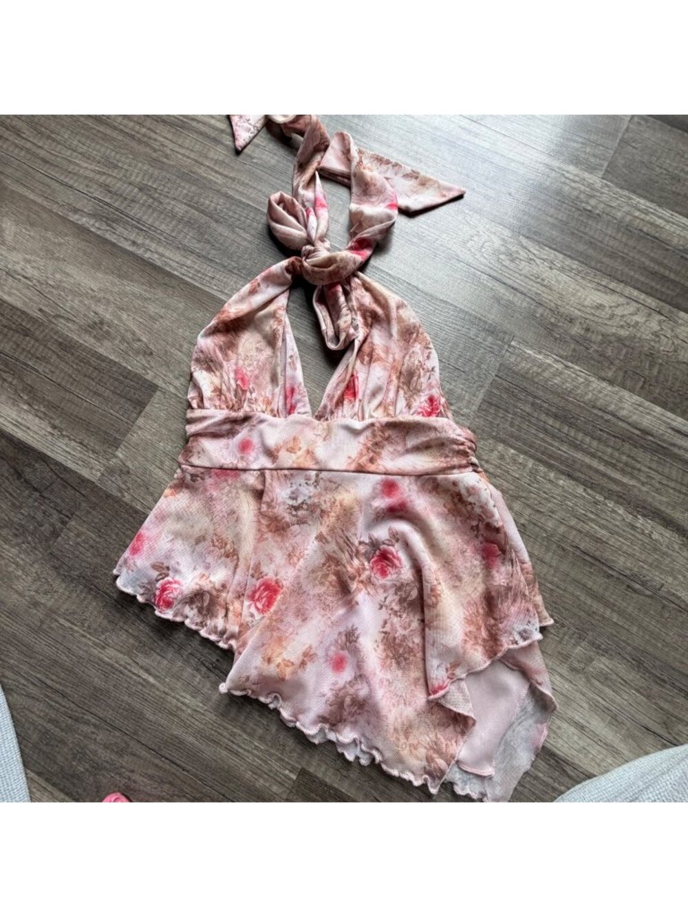 Full Tilt Floral Halter Top Pink & Beige Flowy Small